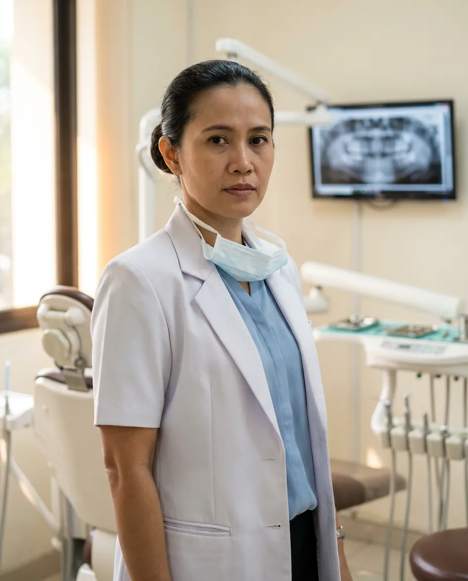 drg. Anindya Prameswari, Sp.KG di ruang tindakan dengan layar penampil foto rontgen di belakangnya.