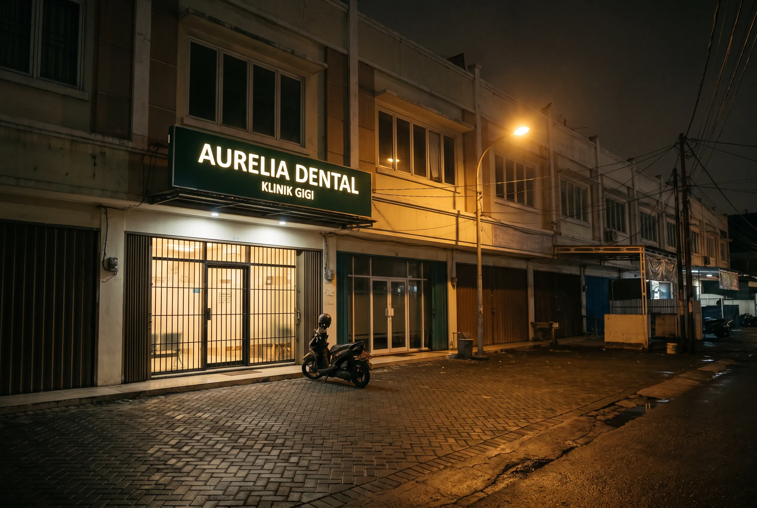Tampak depan Klinik Gigi Aurelia pada malam hari dengan papan nama menyala dan cahaya dari dalam ruangan.