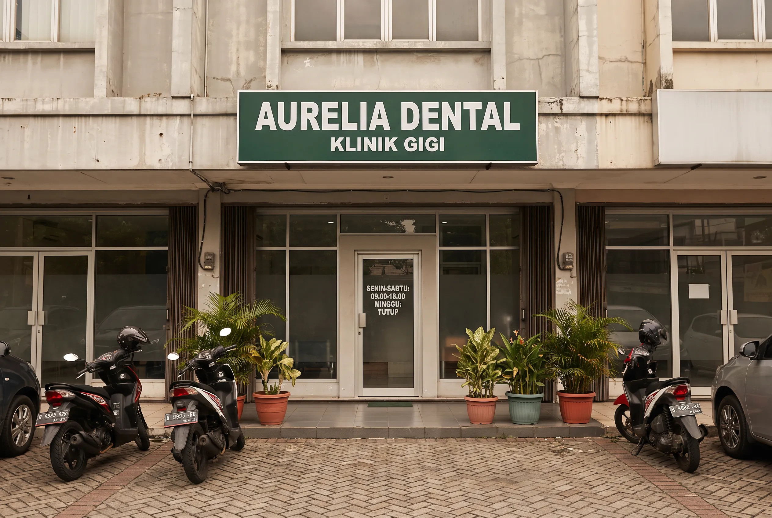 Tampak depan ruko Klinik Gigi Aurelia pada siang hari dengan area parkir di depannya.