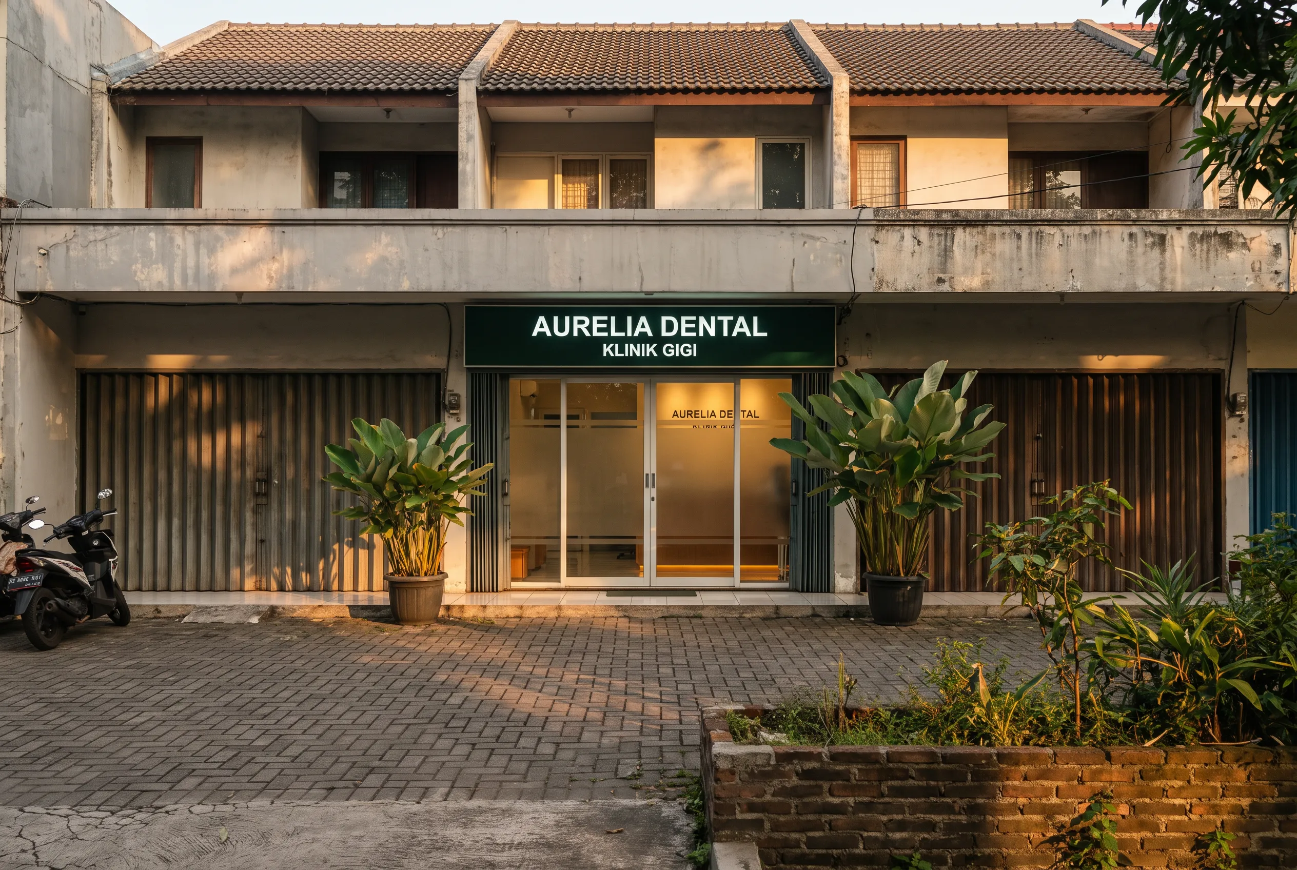 Tampak depan Klinik Gigi Aurelia pada sore hari, papan nama menyala di atas pintu masuk kaca.