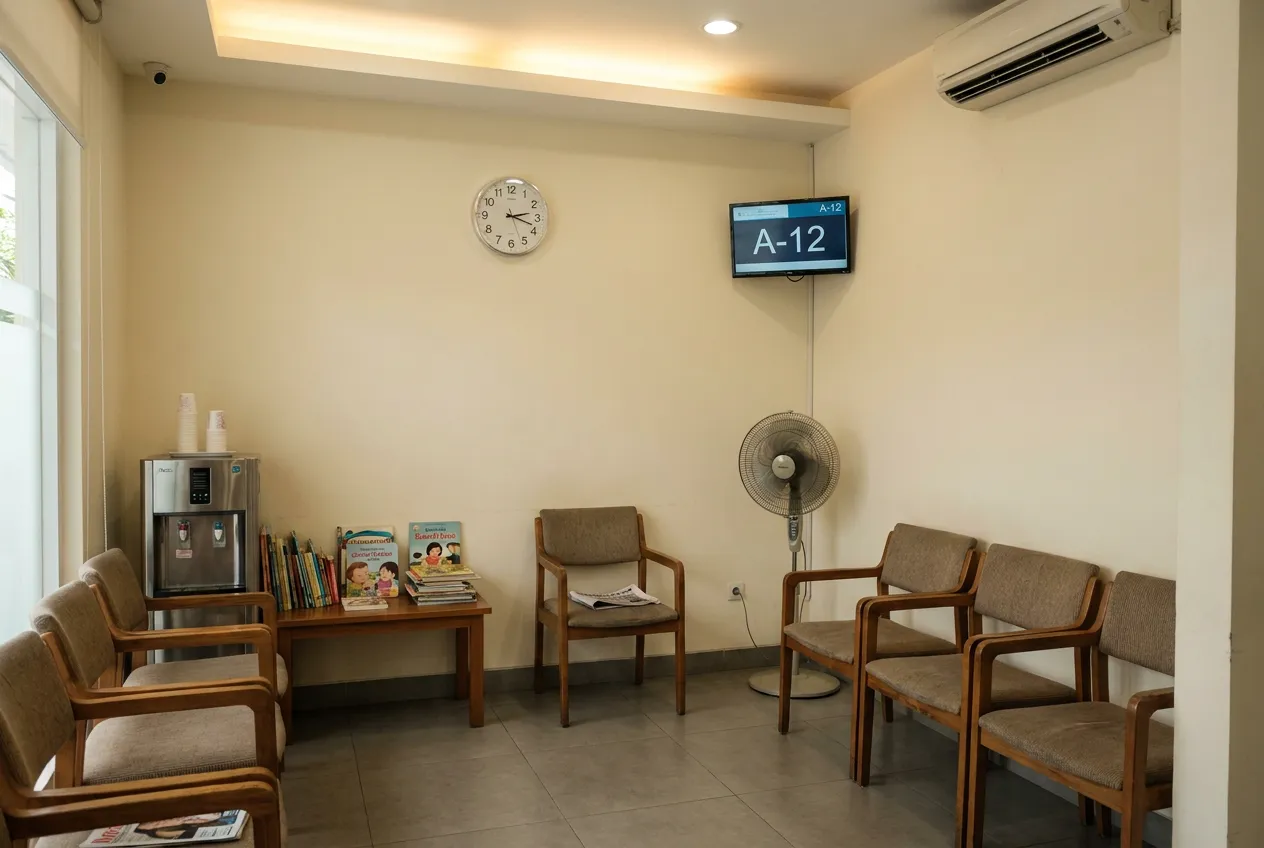 Ruang tunggu Klinik Gigi Aurelia dengan kursi berjajar dan layar nomor antrean.