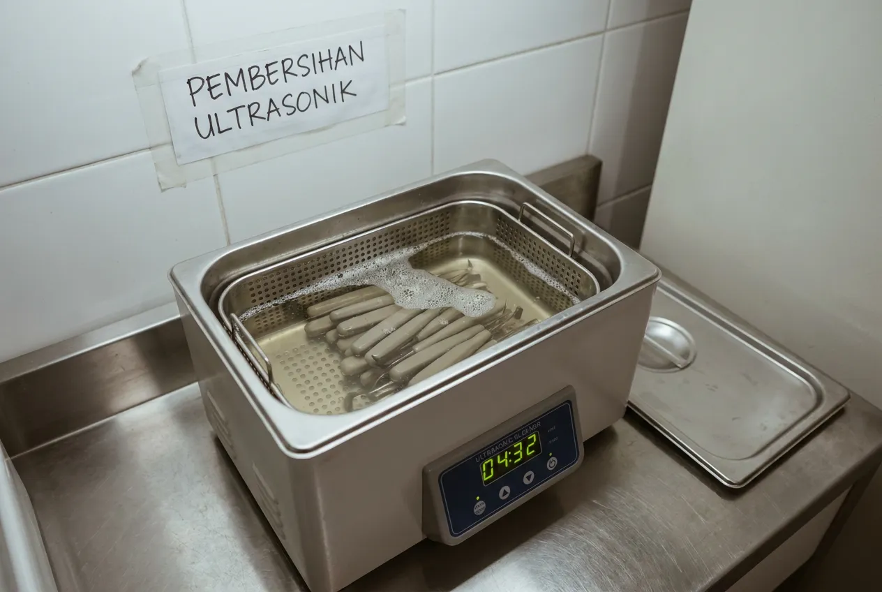 Alat pembersih ultrasonik menyala dengan wadah instrumen di dalamnya dan panel pengatur waktu yang sedang berjalan.