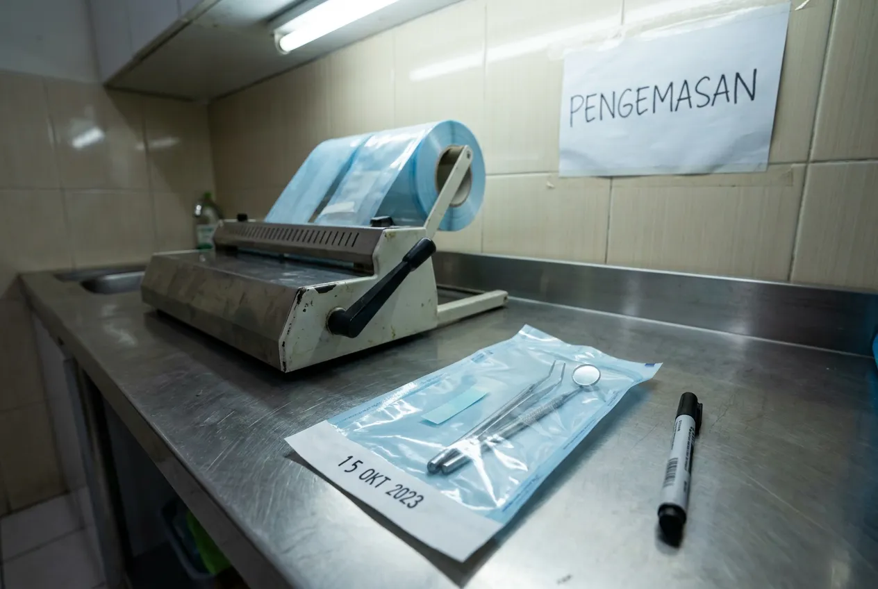 Mesin pengemas kantong sterilisasi dengan satu kemasan tertutup di depannya, indikator dan tanggal proses tertulis di tepi kemasan.